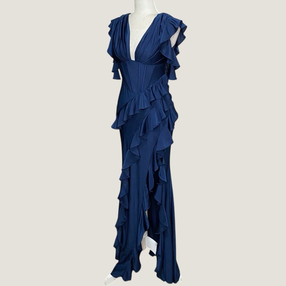 Navy Ruffle Corset Maxi Stretch Gown Dress Formal Slit Lace Up Back V Neck Sz XS - Picture 2 of 14